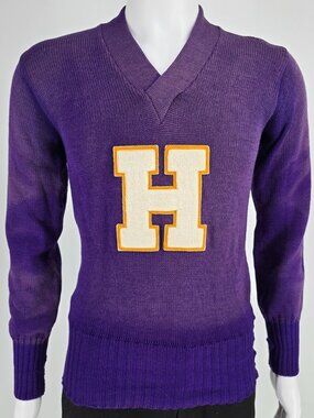 Distressed Vintage 1960s Men's Purple "H" Knit Varsity Letter Sweater (XS)